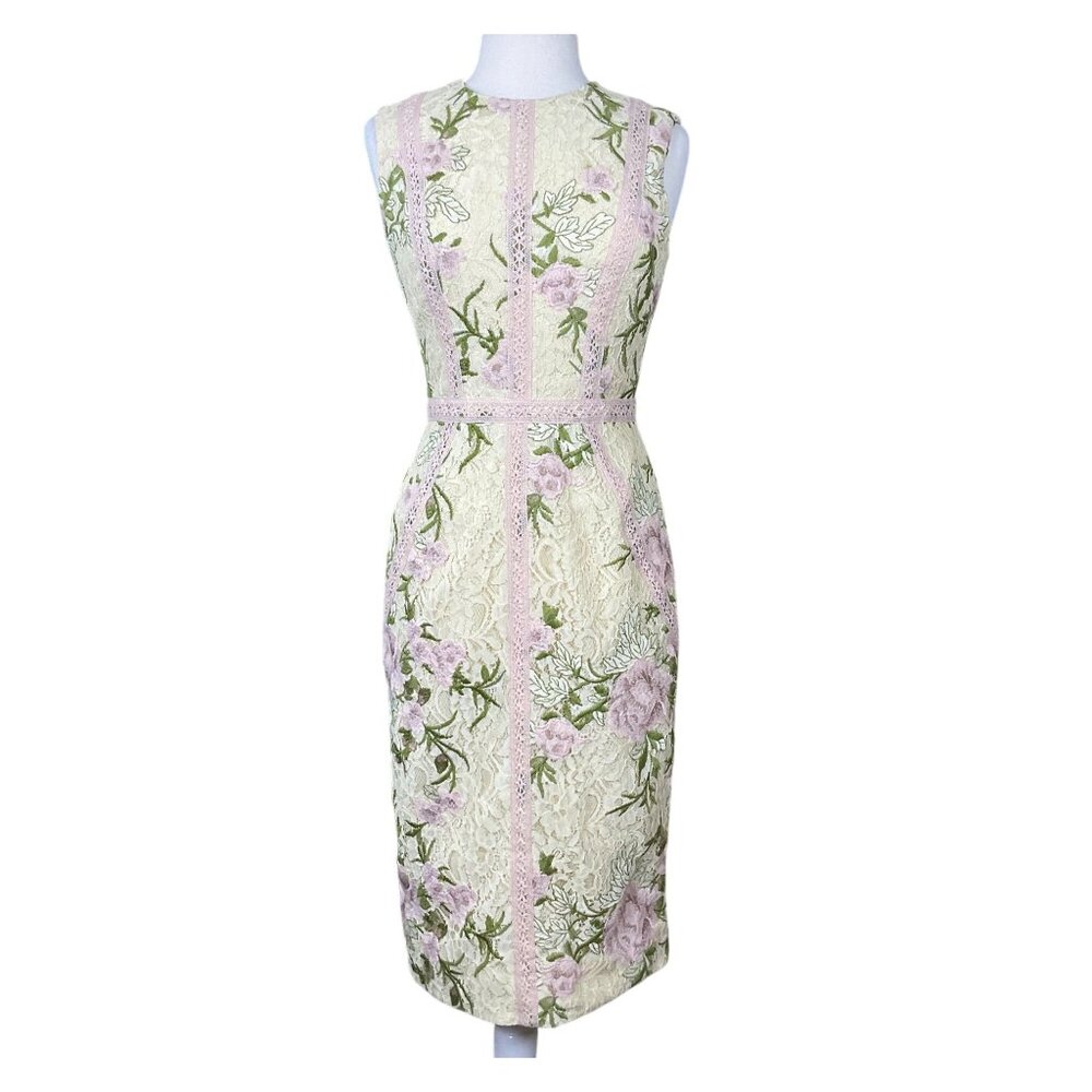 Dress The Population Penelope Sleeveless Sheath Cream Pink Green Lace M NWT